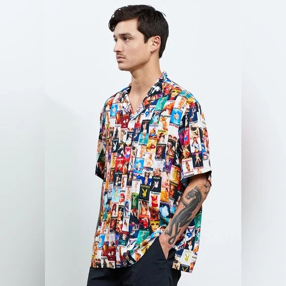 playboy dress shirt Playboy Short Sleeve Button Up PLAYBOY Shirts Playboy By Pacsun Cover  Collage Camp Shirt